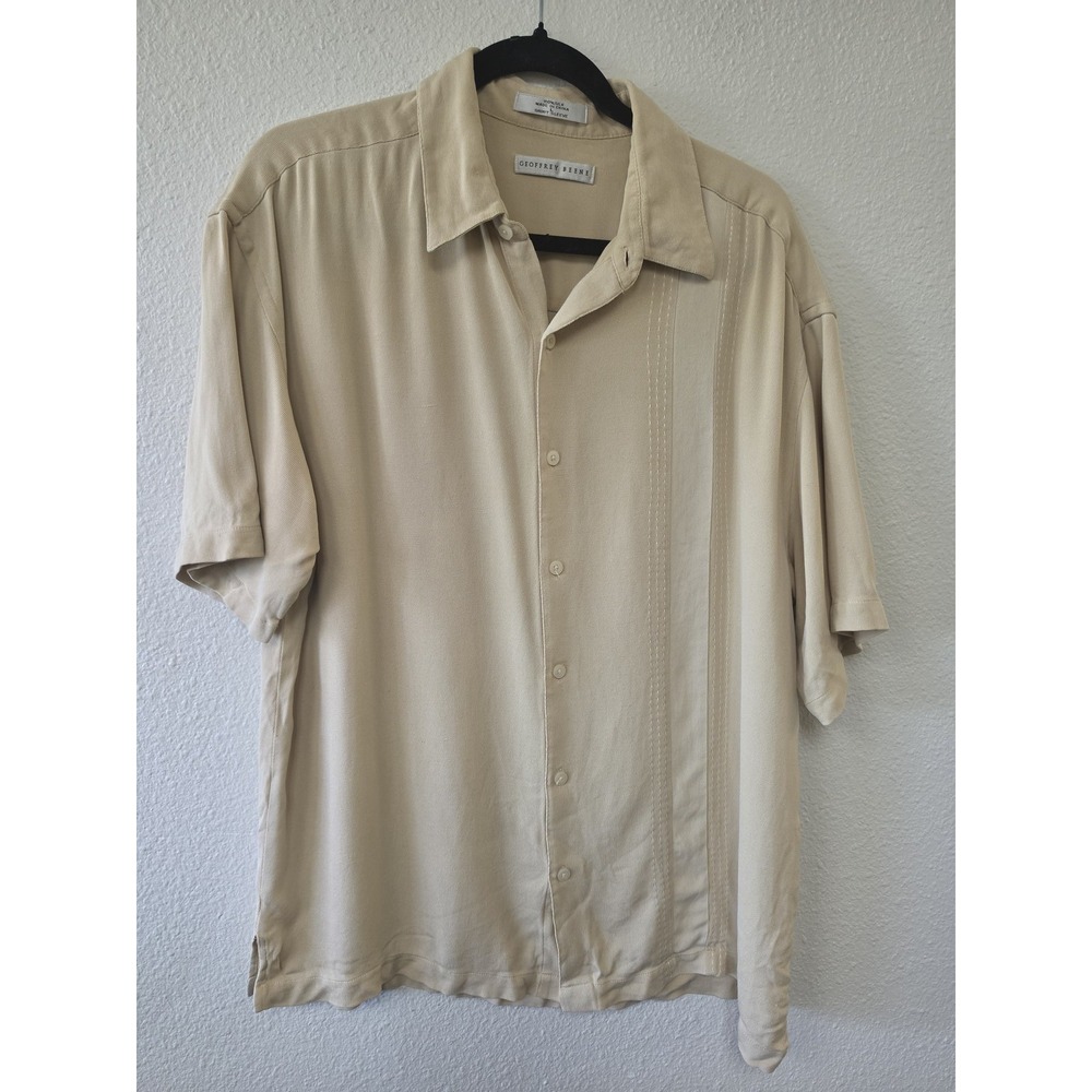 Geoffrey Beene Mens Silk Dress Shirt L Beige Striped Short Sleeve Collared